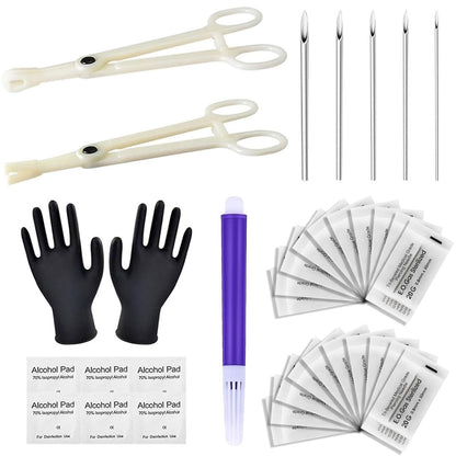 judero Piercing Kit 36-teilig – Piercingzangen-Set mit 25 gemischten Piercings (12G-20G), 2 Zangen, 6 Reinigungswerkzeugen, 2 Handschuhen und 1 Marker-Stift für Ohr- und Nasenpiercings