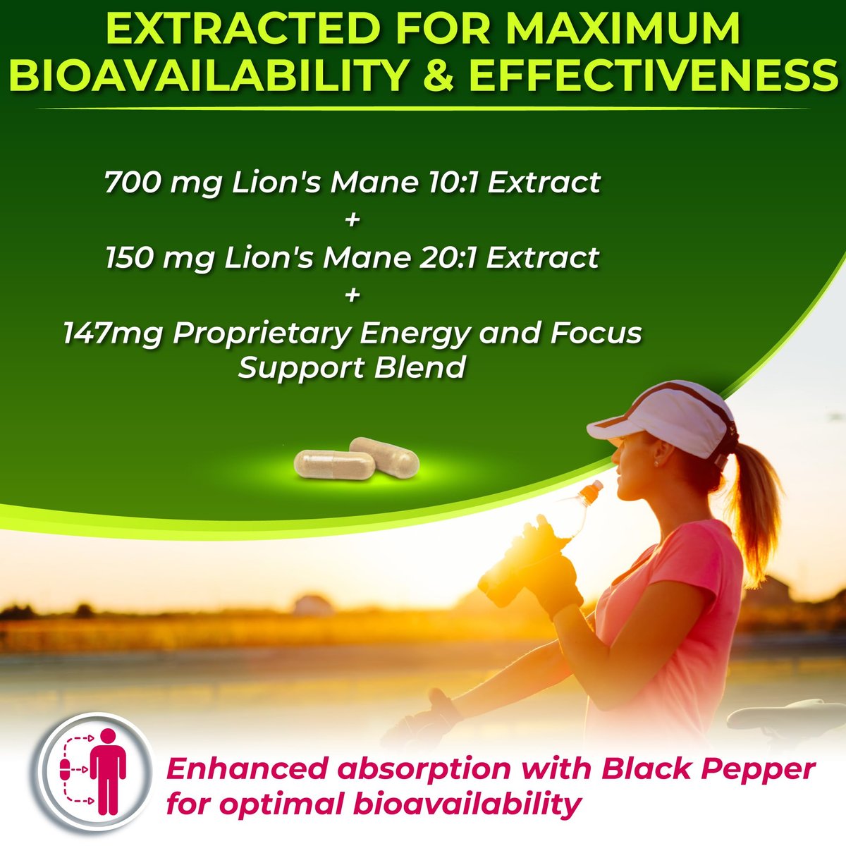 Bio Löwenmähne Kapseln mit Cordyceps, Rhodiola Rosea & Ginseng – 120 Kapseln für Energie & Fokus