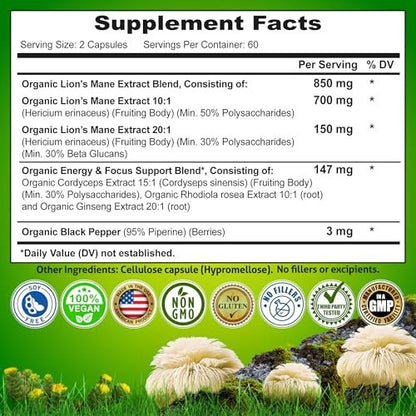 Bio Löwenmähne Kapseln mit Cordyceps, Rhodiola Rosea & Ginseng – 120 Kapseln für Energie & Fokus
