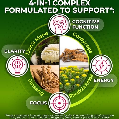 Bio Löwenmähne Kapseln mit Cordyceps, Rhodiola Rosea & Ginseng – 120 Kapseln für Energie & Fokus