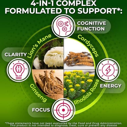 Bio Löwenmähne Kapseln mit Cordyceps, Rhodiola Rosea & Ginseng – 120 Kapseln für Energie & Fokus