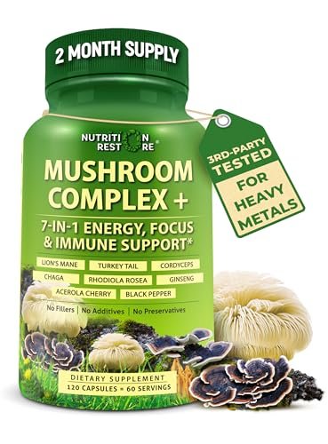 Bio Pilzkomplex mit Löwenmähne, Truthahnschwanz, Cordyceps, Chaga, Rhodiola Rosea, Ginseng & Acerola-Kirsche – 120 Kapseln