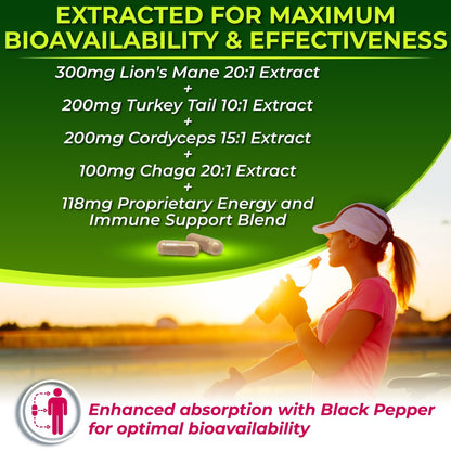 Bio Pilzkomplex mit Löwenmähne, Truthahnschwanz, Cordyceps, Chaga, Rhodiola Rosea, Ginseng & Acerola-Kirsche – 120 Kapseln