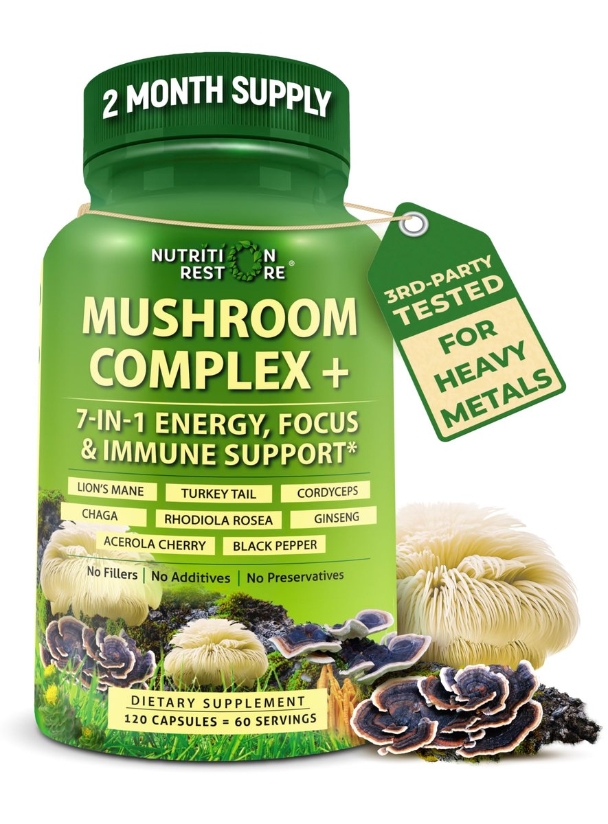 Bio Pilzkomplex mit Löwenmähne, Truthahnschwanz, Cordyceps, Chaga, Rhodiola Rosea, Ginseng & Acerola-Kirsche – 120 Kapseln