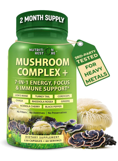 Bio Pilzkomplex mit Löwenmähne, Truthahnschwanz, Cordyceps, Chaga, Rhodiola Rosea, Ginseng & Acerola-Kirsche – 120 Kapseln