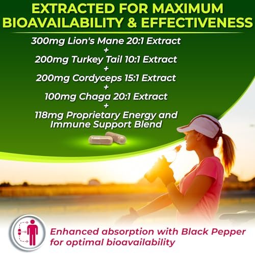 Bio Pilzkomplex mit Löwenmähne, Truthahnschwanz, Cordyceps, Chaga, Rhodiola Rosea, Ginseng & Acerola-Kirsche – 120 Kapseln