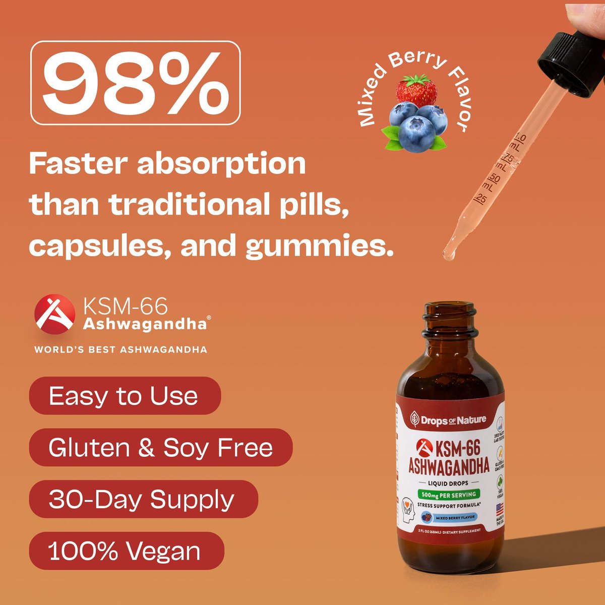 KSM-66 Ashwagandha Liquid Drops – Vegan, GMO-frei & schnell absorbierend – Ashwagandha-Präparat für tägliches Wohlbefinden – Fördert Fokus und Klarheit – Unterstützt tägliche Vitalität (Mixed Berry, 60 ml)