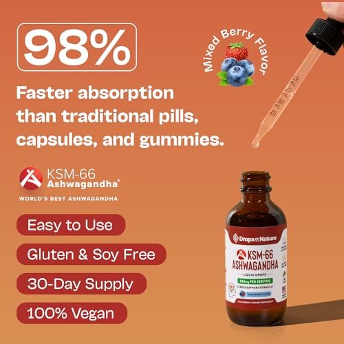 KSM-66 Ashwagandha Liquid Drops – Vegan, GMO-frei & schnell absorbierend – Ashwagandha-Präparat für tägliches Wohlbefinden – Fördert Fokus und Klarheit – Unterstützt tägliche Vitalität (Mixed Berry, 60 ml)