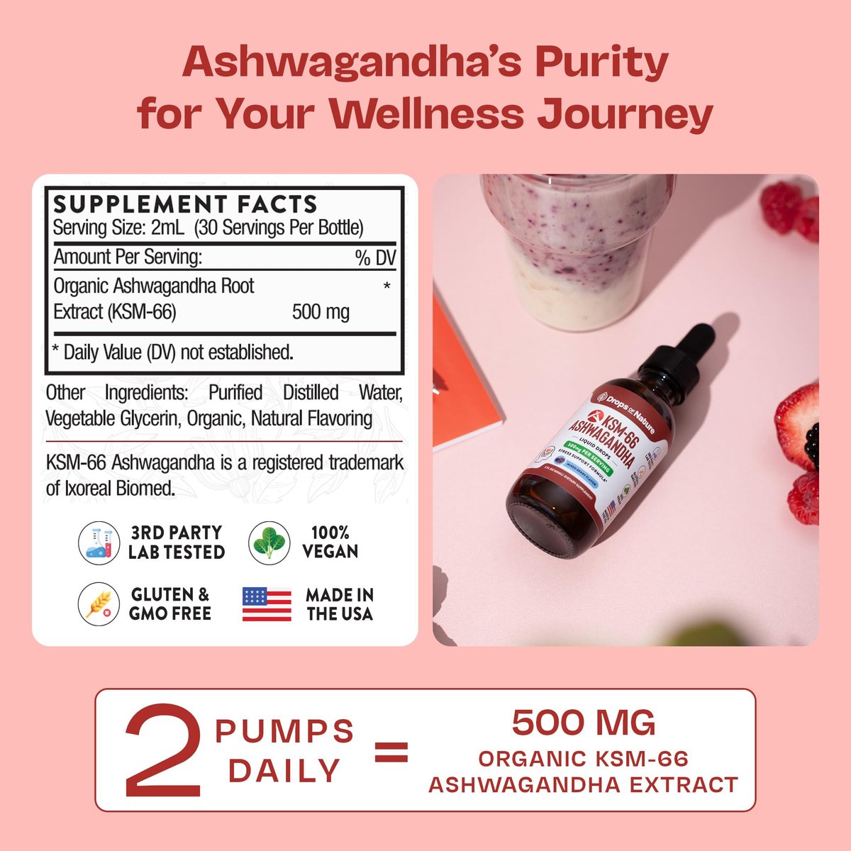 KSM-66 Ashwagandha Liquid Drops – Vegan, GMO-frei & schnell absorbierend – Ashwagandha-Präparat für tägliches Wohlbefinden – Fördert Fokus und Klarheit – Unterstützt tägliche Vitalität (Mixed Berry, 60 ml)