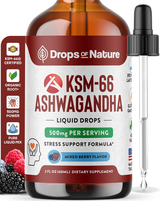 KSM-66 Ashwagandha Liquid Drops – Vegan, GMO-frei & schnell absorbierend – Ashwagandha-Präparat für tägliches Wohlbefinden – Fördert Fokus und Klarheit – Unterstützt tägliche Vitalität (Mixed Berry, 60 ml)
