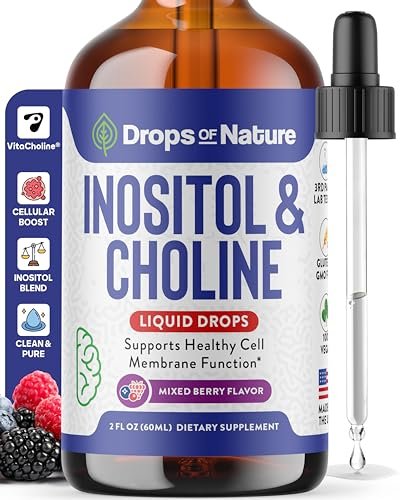 Inositol & Cholin Liquid Drops – Vegan, Nicht-GVO, Leicht einzunehmen – Verbesserte Absorption Inositol Supplement – Pränatale Vitamine für Frauen – Unterstützt Zellgesundheit & Allgemeines Wohlbefinden (Waldbeere, 60ml)
