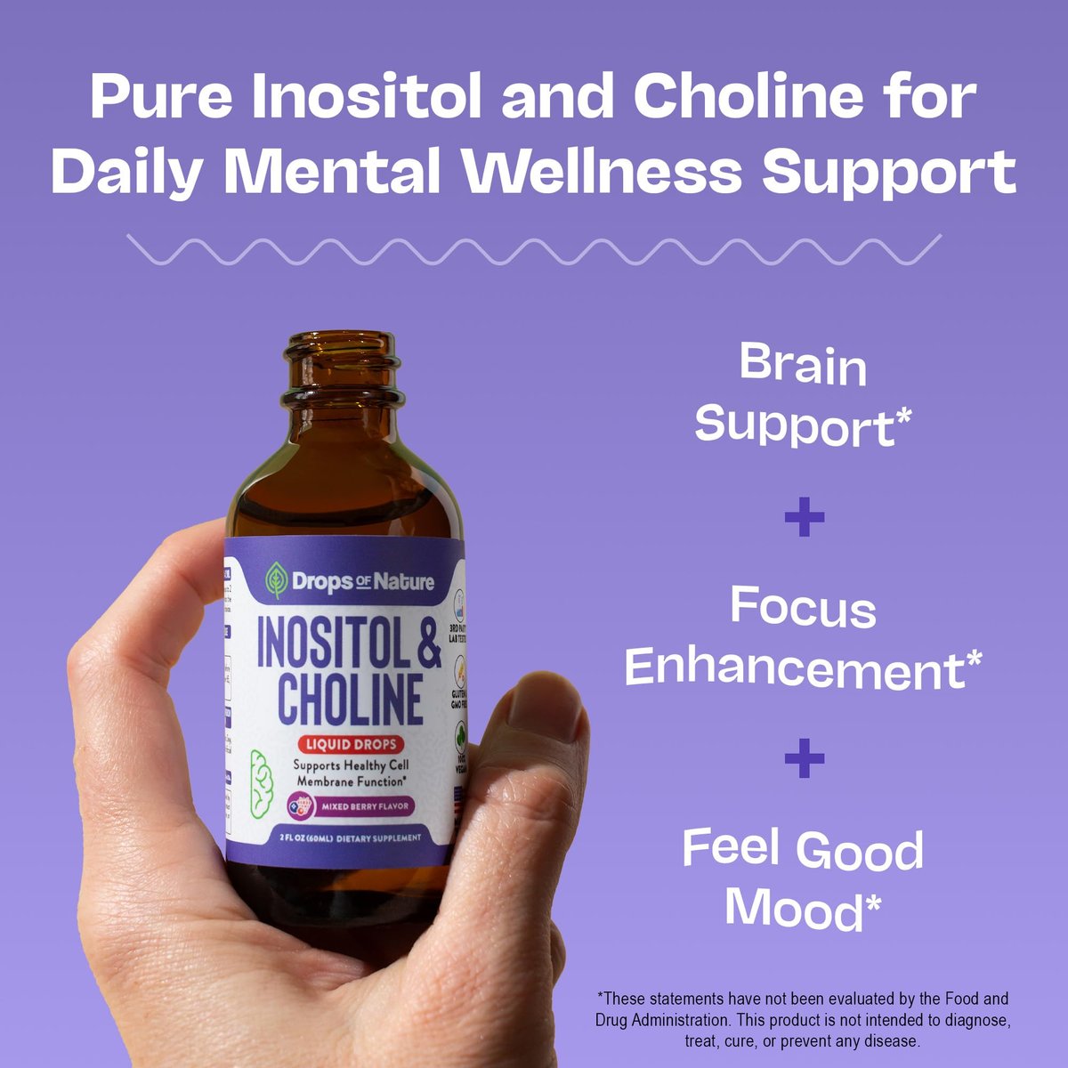 Inositol & Cholin Liquid Drops – Vegan, Nicht-GVO, Leicht einzunehmen – Verbesserte Absorption Inositol Supplement – Pränatale Vitamine für Frauen – Unterstützt Zellgesundheit & Allgemeines Wohlbefinden (Waldbeere, 60ml)