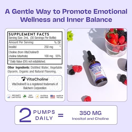 Inositol & Cholin Liquid Drops – Vegan, Nicht-GVO, Leicht einzunehmen – Verbesserte Absorption Inositol Supplement – Pränatale Vitamine für Frauen – Unterstützt Zellgesundheit & Allgemeines Wohlbefinden (Waldbeere, 60ml)