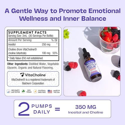 Inositol & Cholin Liquid Drops – Vegan, Nicht-GVO, Leicht einzunehmen – Verbesserte Absorption Inositol Supplement – Pränatale Vitamine für Frauen – Unterstützt Zellgesundheit & Allgemeines Wohlbefinden (Waldbeere, 60ml)