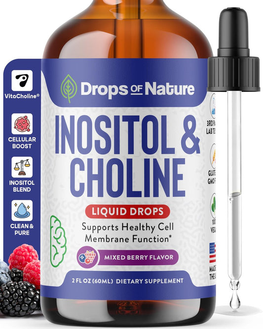 Inositol & Cholin Liquid Drops – Vegan, Nicht-GVO, Leicht einzunehmen – Verbesserte Absorption Inositol Supplement – Pränatale Vitamine für Frauen – Unterstützt Zellgesundheit & Allgemeines Wohlbefinden (Waldbeere, 60ml)