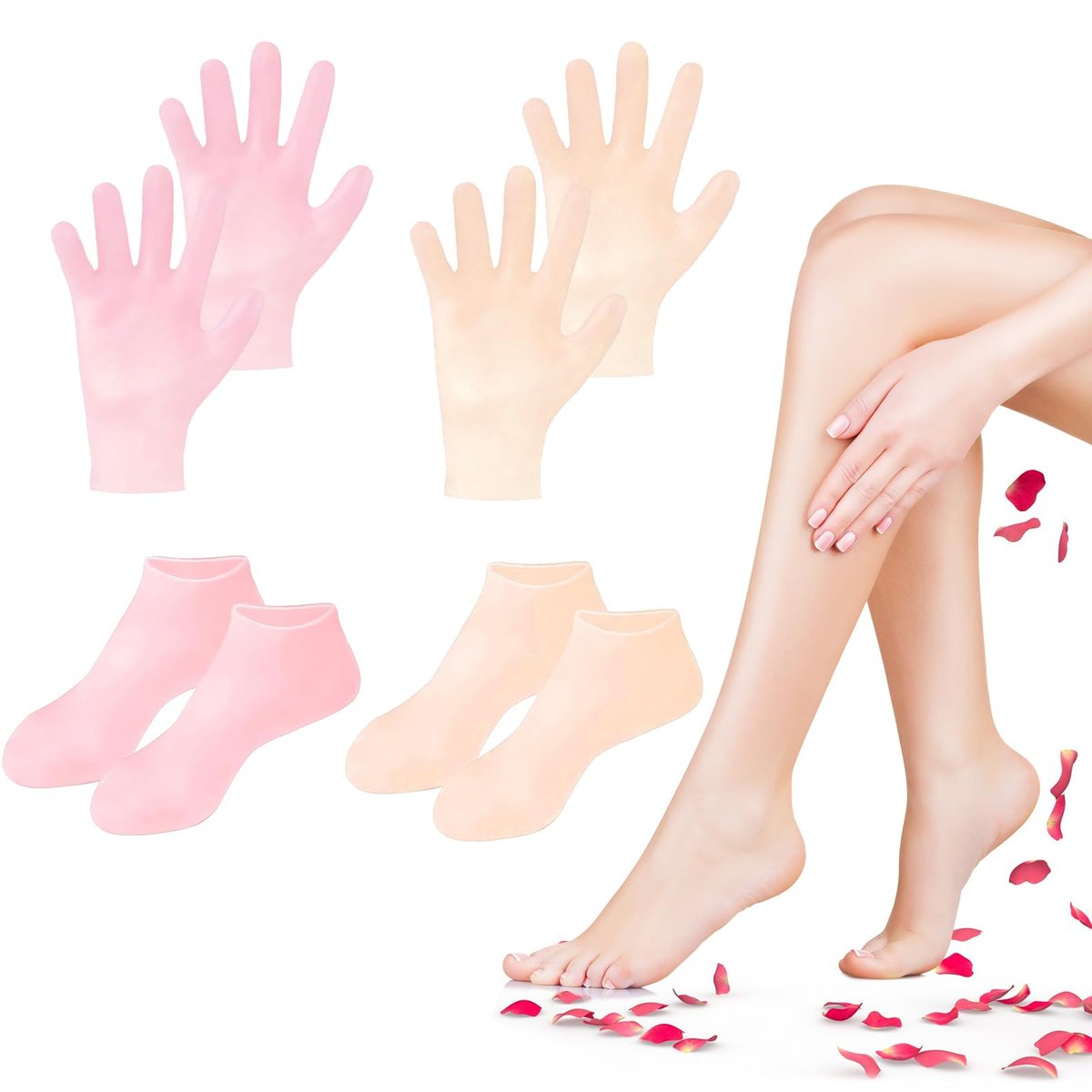 TEAWOO 4 Paar Silikon Socken Handschuhe Set für trockene, rissige Füße und Hände - Feuchtigkeitsspendende Silikon-Fußsocken für Frauen