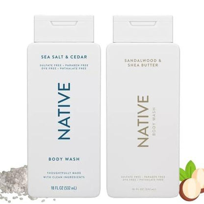 Native Body Wash 2er-Pack – Sandelholz & Sheabutter & Meersalz & Zedernholz 18oz, sulfatfreie & parabenfreie Reinigung für alle Hauttypen