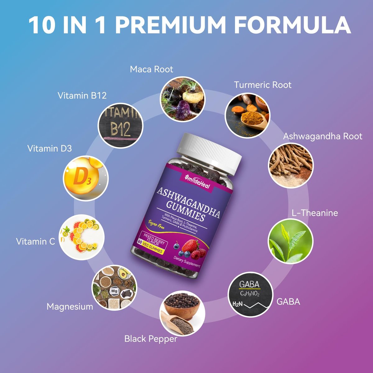 SmildeHeal Ashwagandha Gummies 3000mg – Stressabbau, Immununterstützung & mehr Energie – Natürlicher Mixed-Beere-Geschmack (60 Stück)