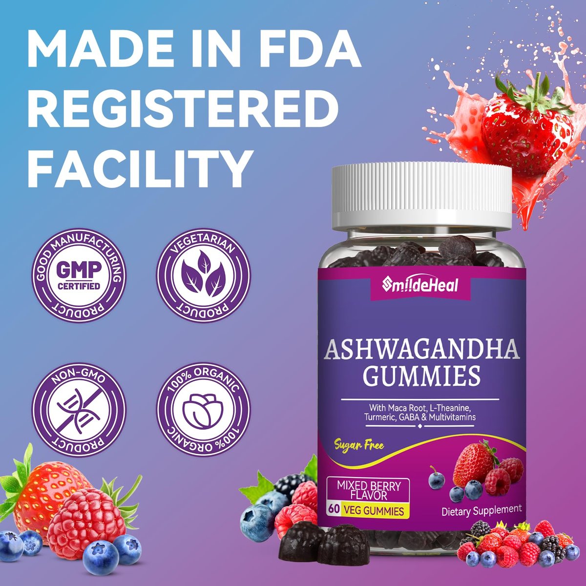 SmildeHeal Ashwagandha Gummies 3000mg – Stressabbau, Immununterstützung & mehr Energie – Natürlicher Mixed-Beere-Geschmack (60 Stück)
