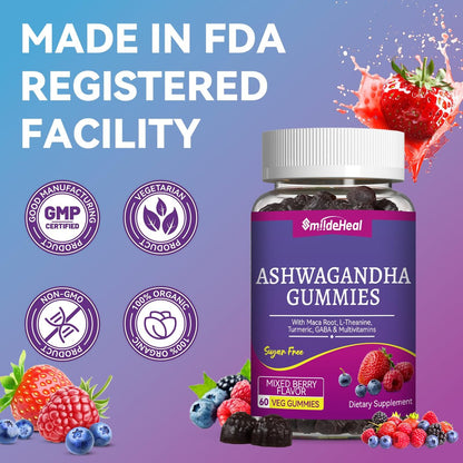 SmildeHeal Ashwagandha Gummies 3000mg – Stressabbau, Immununterstützung & mehr Energie – Natürlicher Mixed-Beere-Geschmack (60 Stück)