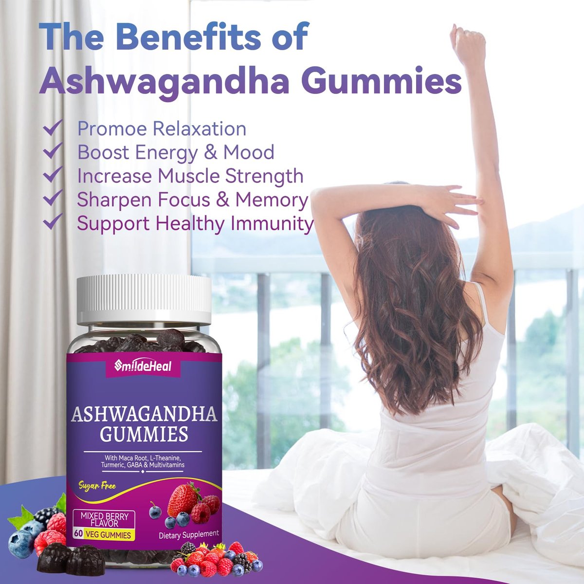 SmildeHeal Ashwagandha Gummies 3000mg – Stressabbau, Immununterstützung & mehr Energie – Natürlicher Mixed-Beere-Geschmack (60 Stück)