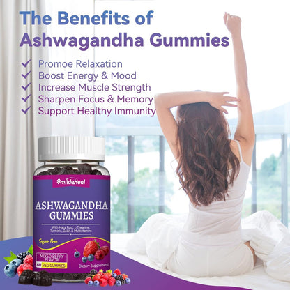 SmildeHeal Ashwagandha Gummies 3000mg – Stressabbau, Immununterstützung & mehr Energie – Natürlicher Mixed-Beere-Geschmack (60 Stück)