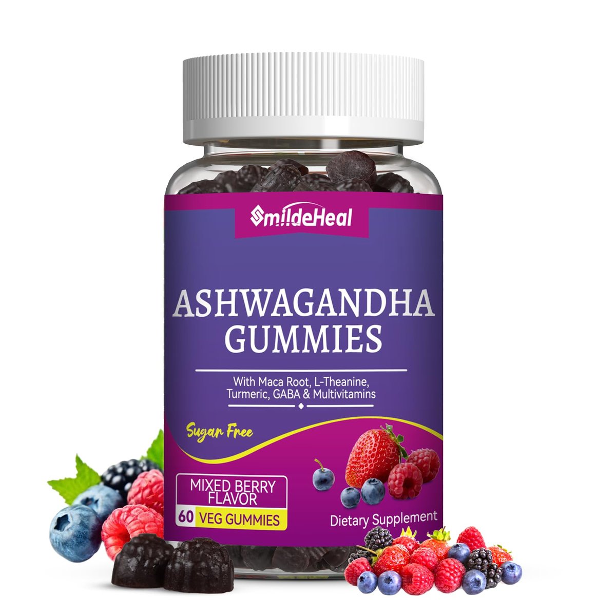 SmildeHeal Ashwagandha Gummies 3000mg – Stressabbau, Immununterstützung & mehr Energie – Natürlicher Mixed-Beere-Geschmack (60 Stück)