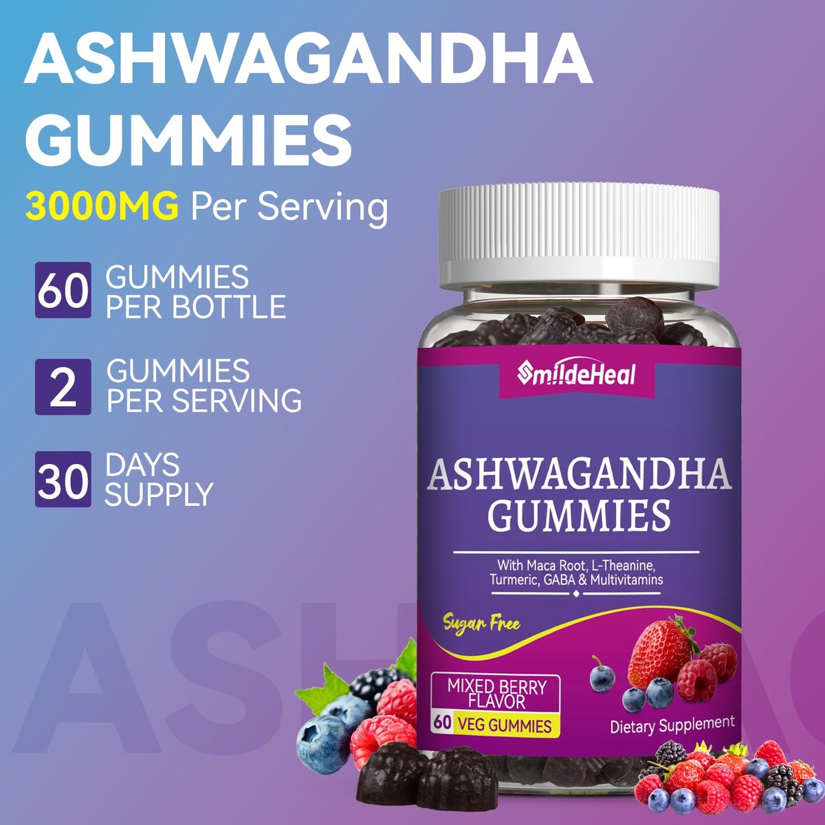 SmildeHeal Ashwagandha Gummies 3000mg – Stressabbau, Immununterstützung & mehr Energie – Natürlicher Mixed-Beere-Geschmack (60 Stück)