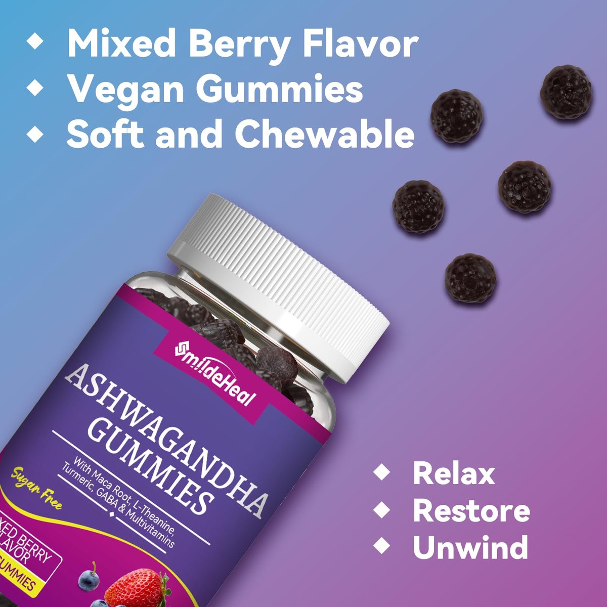SmildeHeal Ashwagandha Gummies 3000mg – Stressabbau, Immununterstützung & mehr Energie – Natürlicher Mixed-Beere-Geschmack (60 Stück)