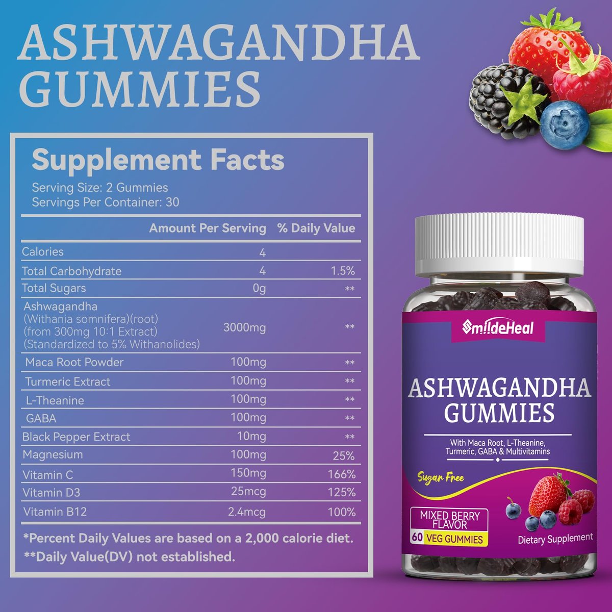 SmildeHeal Ashwagandha Gummies 3000mg – Stressabbau, Immununterstützung & mehr Energie – Natürlicher Mixed-Beere-Geschmack (60 Stück)