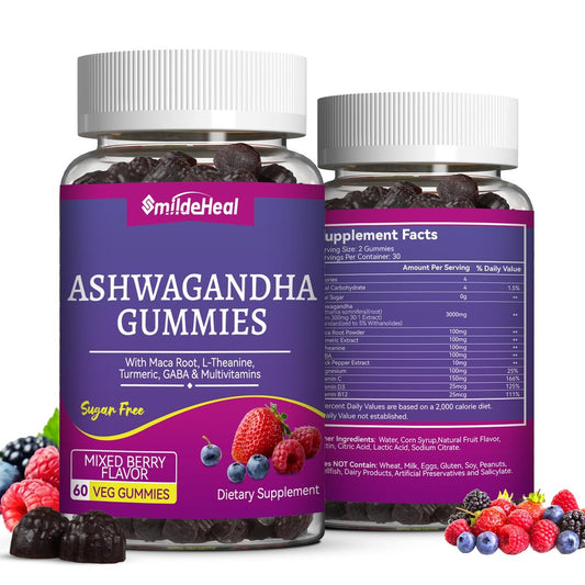 SmildeHeal Ashwagandha Gummies 3000 mg – Stressabbau & mehr Energie – Natürlicher Mixed-Beery-Geschmack (120 Stück)