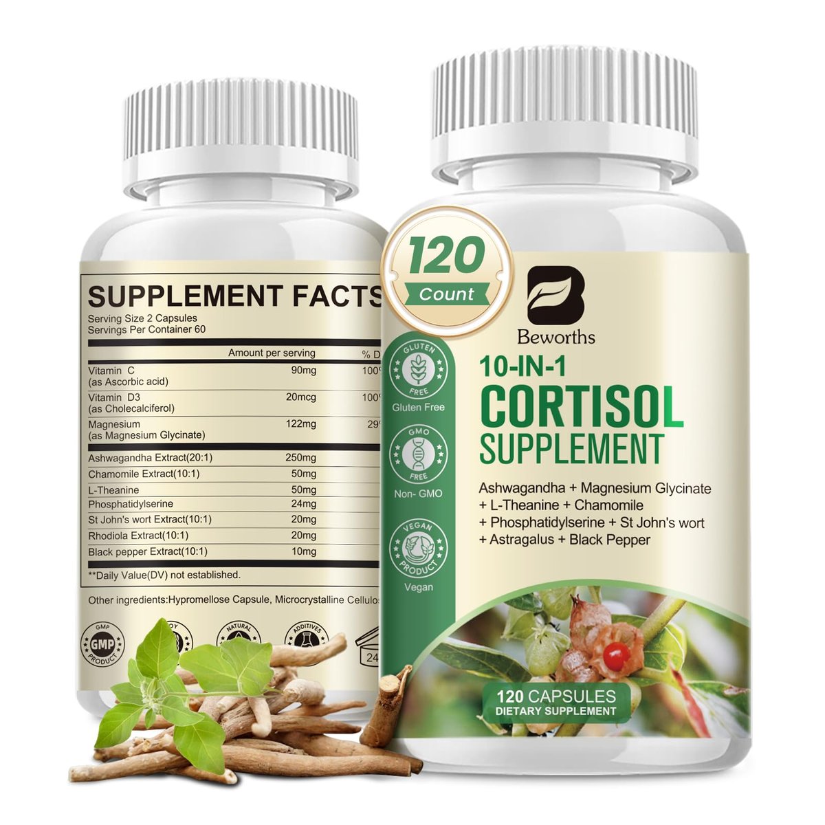 B BEWORTHS Cortisol-Supplement für Frauen und Männer, 10-in-1 Cortisol-Detox mit Ashwagandha, Magnesium, L-Theanin, Ausgeglichener Cortisolspiegel, Nacht- und Beruhigungsunterstützung, 120 vegane Kapseln
