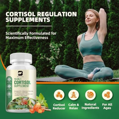 B BEWORTHS Cortisol-Supplement für Frauen und Männer, 10-in-1 Cortisol-Detox mit Ashwagandha, Magnesium, L-Theanin, Ausgeglichener Cortisolspiegel, Nacht- und Beruhigungsunterstützung, 120 vegane Kapseln