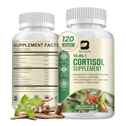 B BEWORTHS Cortisol-Supplement für Frauen und Männer, 10-in-1 Cortisol-Detox mit Ashwagandha, Magnesium, L-Theanin, Ausgeglichener Cortisolspiegel, Nacht- und Beruhigungsunterstützung, 120 vegane Kapseln
