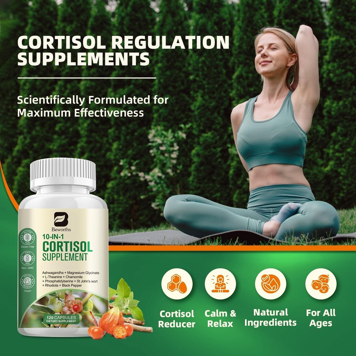 B BEWORTHS Cortisol-Supplement für Frauen und Männer, 10-in-1 Cortisol-Detox mit Ashwagandha, Magnesium, L-Theanin, Ausgeglichener Cortisolspiegel, Nacht- und Beruhigungsunterstützung, 120 vegane Kapseln