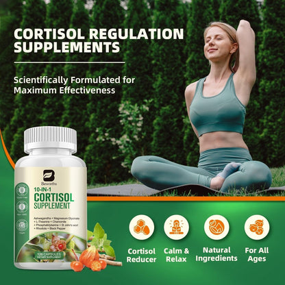 B BEWORTHS Cortisol-Supplement für Frauen und Männer, 10-in-1 Cortisol-Detox mit Ashwagandha, Magnesium, L-Theanin, Ausgeglichener Cortisolspiegel, Nacht- und Beruhigungsunterstützung, 120 vegane Kapseln
