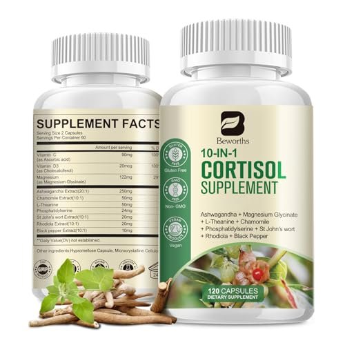 B BEWORTHS Cortisol-Supplement für Frauen und Männer, 10-in-1 Cortisol-Detox mit Ashwagandha, Magnesium, L-Theanin, Ausgeglichener Cortisolspiegel, Nacht- und Beruhigungsunterstützung, 120 vegane Kapseln