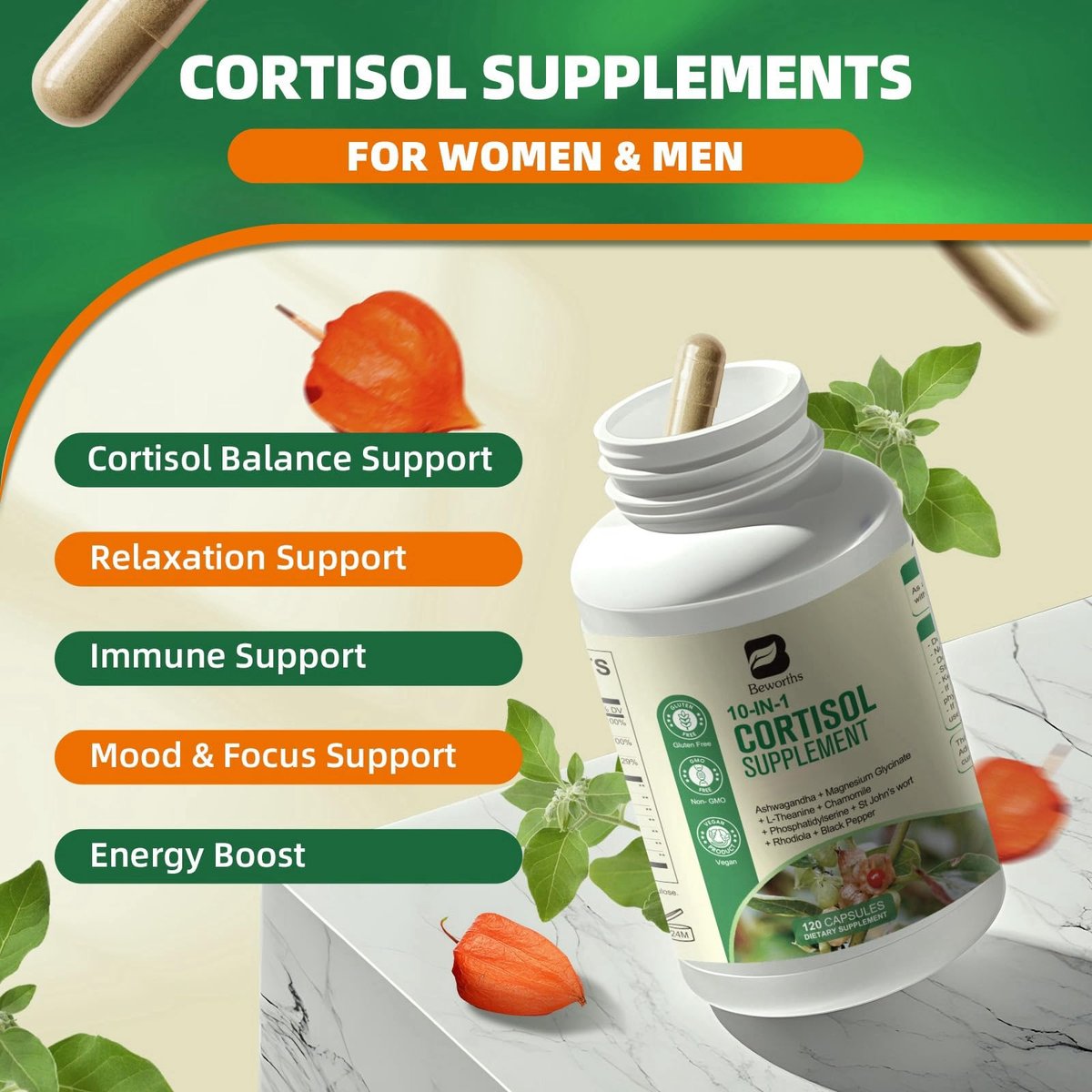 B BEWORTHS Cortisol-Supplement für Frauen und Männer, 10-in-1 Cortisol-Detox mit Ashwagandha, Magnesium, L-Theanin, Ausgeglichener Cortisolspiegel, Nacht- und Beruhigungsunterstützung, 120 vegane Kapseln