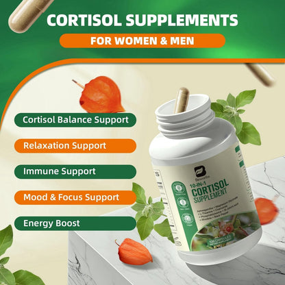 B BEWORTHS Cortisol-Supplement für Frauen und Männer, 10-in-1 Cortisol-Detox mit Ashwagandha, Magnesium, L-Theanin, Ausgeglichener Cortisolspiegel, Nacht- und Beruhigungsunterstützung, 120 vegane Kapseln
