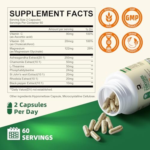 B BEWORTHS Cortisol-Supplement für Frauen und Männer, 10-in-1 Cortisol-Detox mit Ashwagandha, Magnesium, L-Theanin, Ausgeglichener Cortisolspiegel, Nacht- und Beruhigungsunterstützung, 120 vegane Kapseln