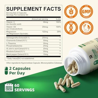 B BEWORTHS Cortisol-Supplement für Frauen und Männer, 10-in-1 Cortisol-Detox mit Ashwagandha, Magnesium, L-Theanin, Ausgeglichener Cortisolspiegel, Nacht- und Beruhigungsunterstützung, 120 vegane Kapseln