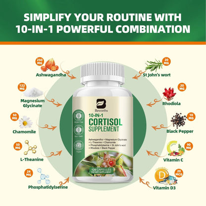B BEWORTHS Cortisol-Supplement für Frauen und Männer, 10-in-1 Cortisol-Detox mit Ashwagandha, Magnesium, L-Theanin, Ausgeglichener Cortisolspiegel, Nacht- und Beruhigungsunterstützung, 120 vegane Kapseln