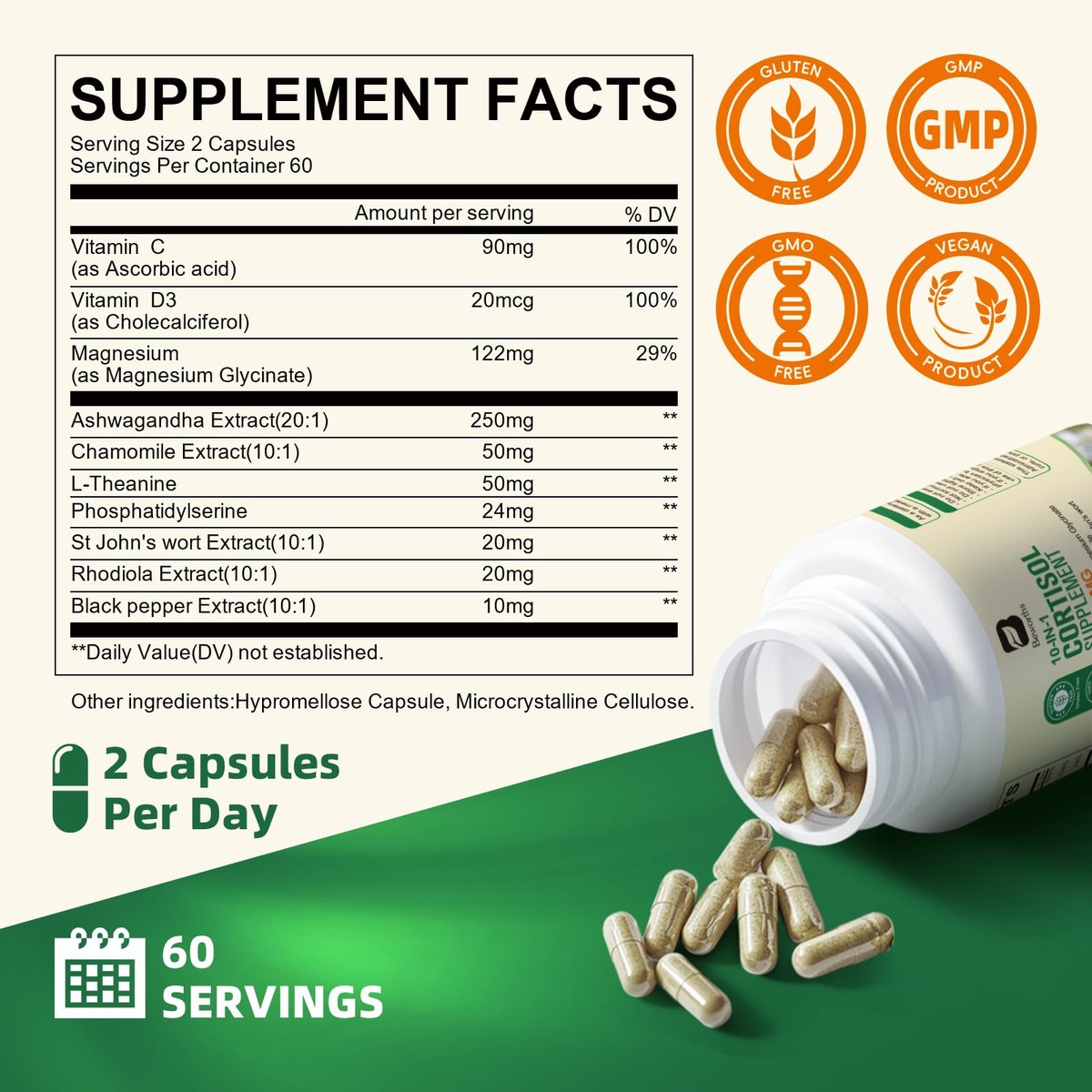 B BEWORTHS Cortisol-Supplement für Frauen und Männer, 10-in-1 Cortisol-Detox mit Ashwagandha, Magnesium, L-Theanin, Ausgeglichener Cortisolspiegel, Nacht- und Beruhigungsunterstützung, 120 vegane Kapseln