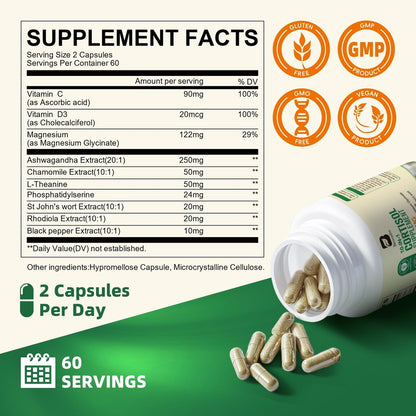 B BEWORTHS Cortisol-Supplement für Frauen und Männer, 10-in-1 Cortisol-Detox mit Ashwagandha, Magnesium, L-Theanin, Ausgeglichener Cortisolspiegel, Nacht- und Beruhigungsunterstützung, 120 vegane Kapseln
