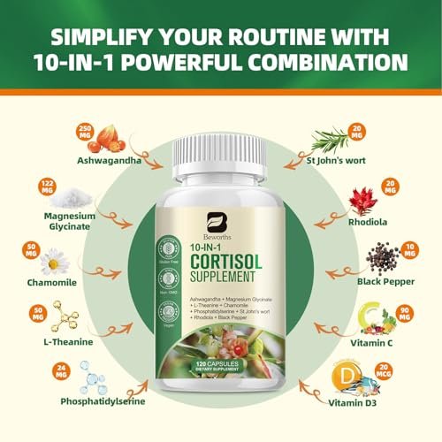 B BEWORTHS Cortisol-Supplement für Frauen und Männer, 10-in-1 Cortisol-Detox mit Ashwagandha, Magnesium, L-Theanin, Ausgeglichener Cortisolspiegel, Nacht- und Beruhigungsunterstützung, 120 vegane Kapseln