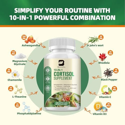 B BEWORTHS Cortisol-Supplement für Frauen und Männer, 10-in-1 Cortisol-Detox mit Ashwagandha, Magnesium, L-Theanin, Ausgeglichener Cortisolspiegel, Nacht- und Beruhigungsunterstützung, 120 vegane Kapseln