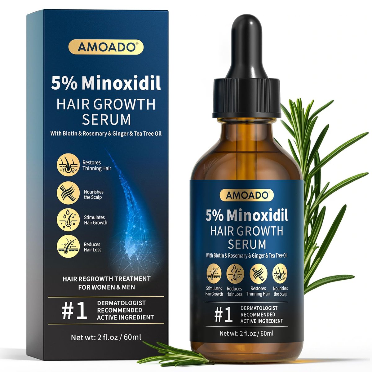 AMOADO 5% Minoxidil Haarwuchs Serum für Männer und Frauen mit Rosmarin & Biotin – 60 ml