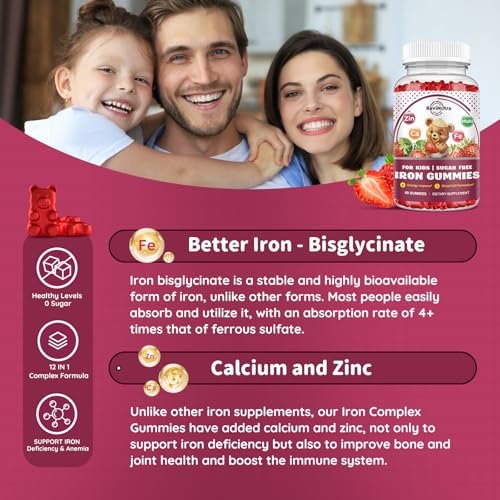Eisen-Gummibärchen für Kinder mit Calcium, Zink – Multivitamin mit Eisen, Immununterstützung, Blutbildung & Energie – Vegan, 60 Stück