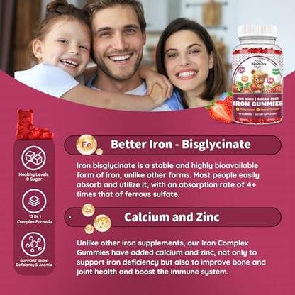 Eisen-Gummibärchen für Kinder mit Calcium, Zink – Multivitamin mit Eisen, Immununterstützung, Blutbildung & Energie – Vegan, 60 Stück
