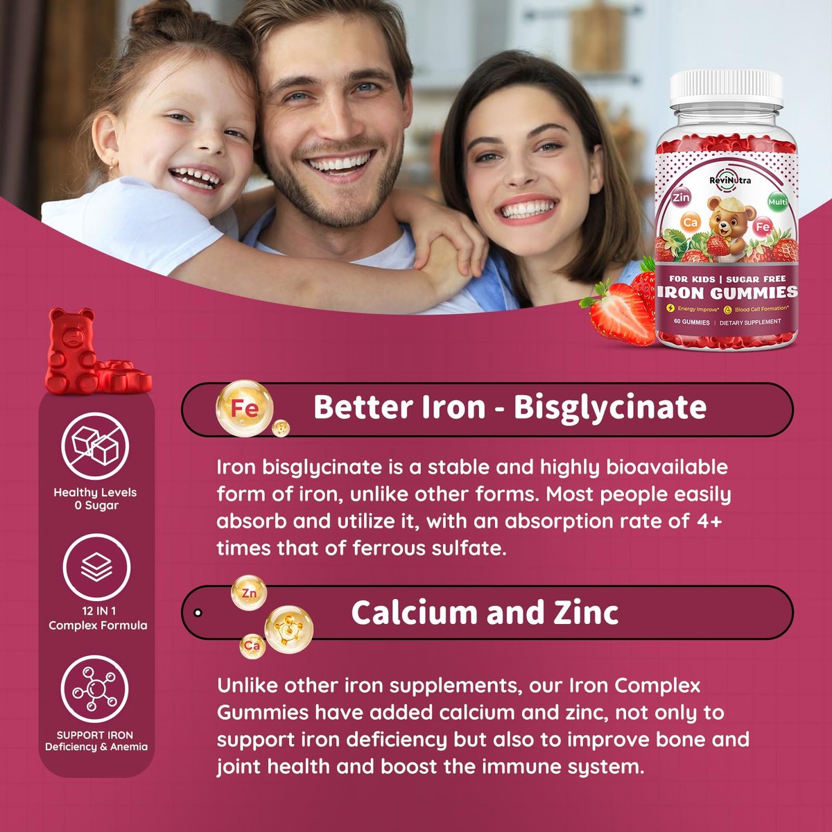 Eisen-Gummibärchen für Kinder mit Calcium, Zink – Multivitamin mit Eisen, Immununterstützung, Blutbildung & Energie – Vegan, 60 Stück